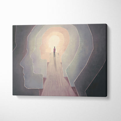 Contemporary mind door canvas wall art showing a solitary figure in a dark surreal head tunnel with pastel tones and gray shadows