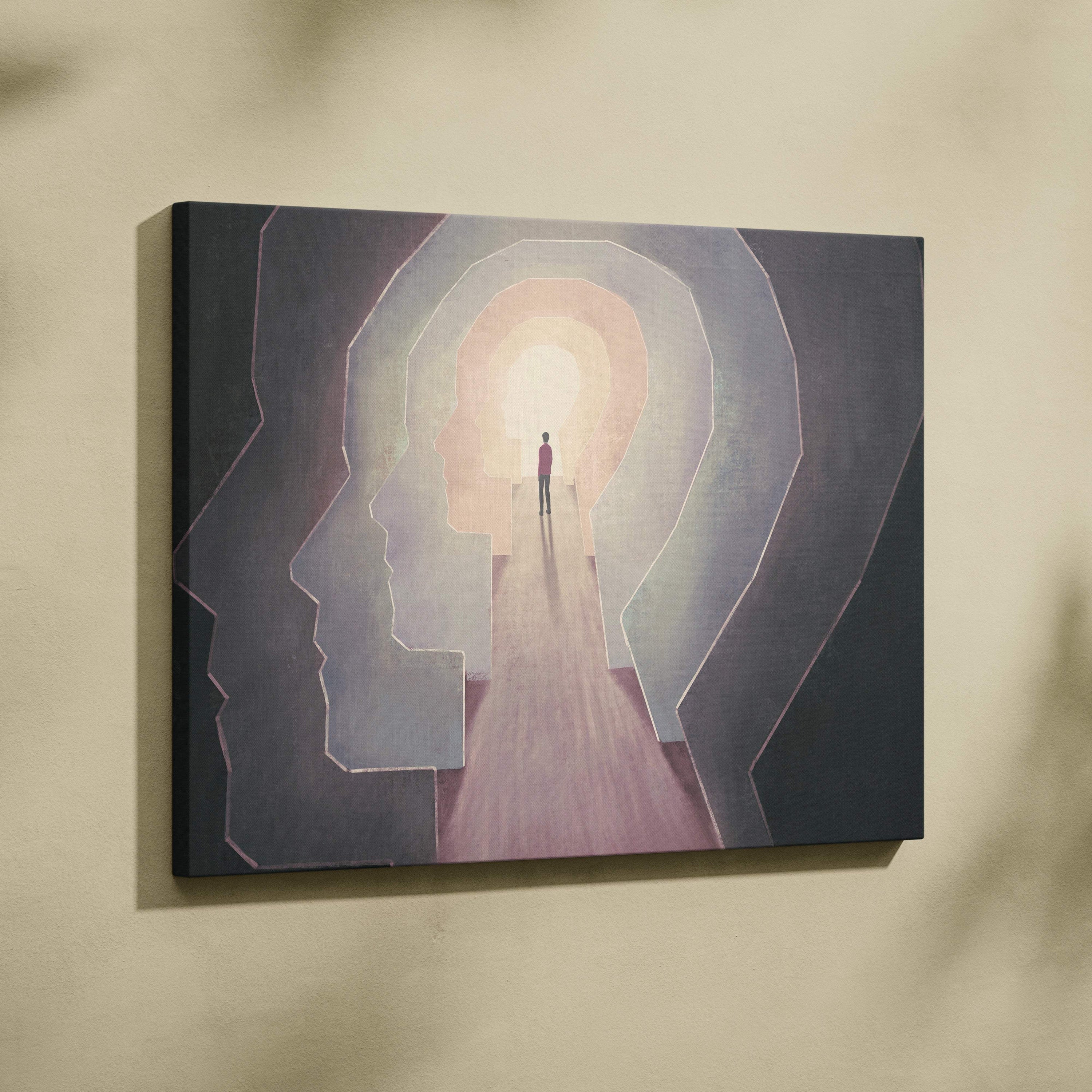 Contemporary mind door canvas wall art with silhouette standing in dark surreal head tunnel in pastel tones