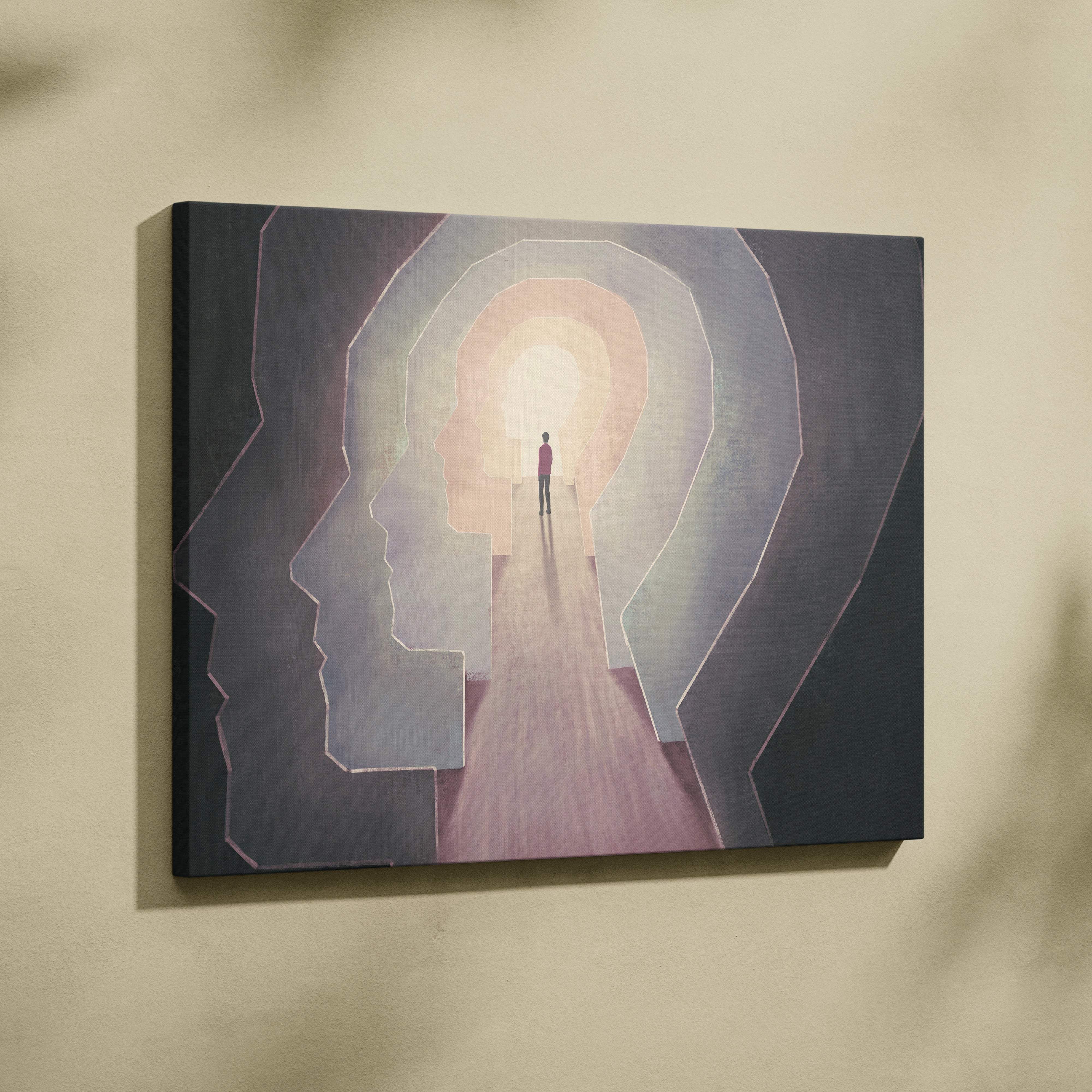 Contemporary mind door canvas wall art with silhouette standing in dark surreal head tunnel in pastel tones