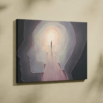 Contemporary mind door canvas wall art with silhouette standing in dark surreal head tunnel in pastel tones
