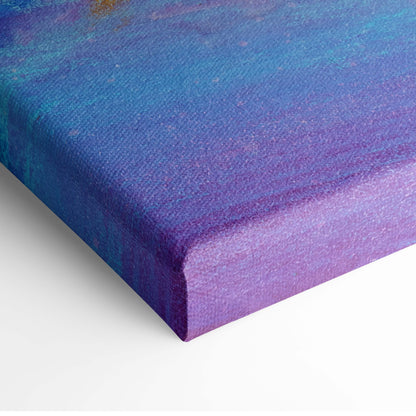 Textured canvas painting of a cozy winter cabin night scene with a snowy forest glowing under a blue and purple starry sky