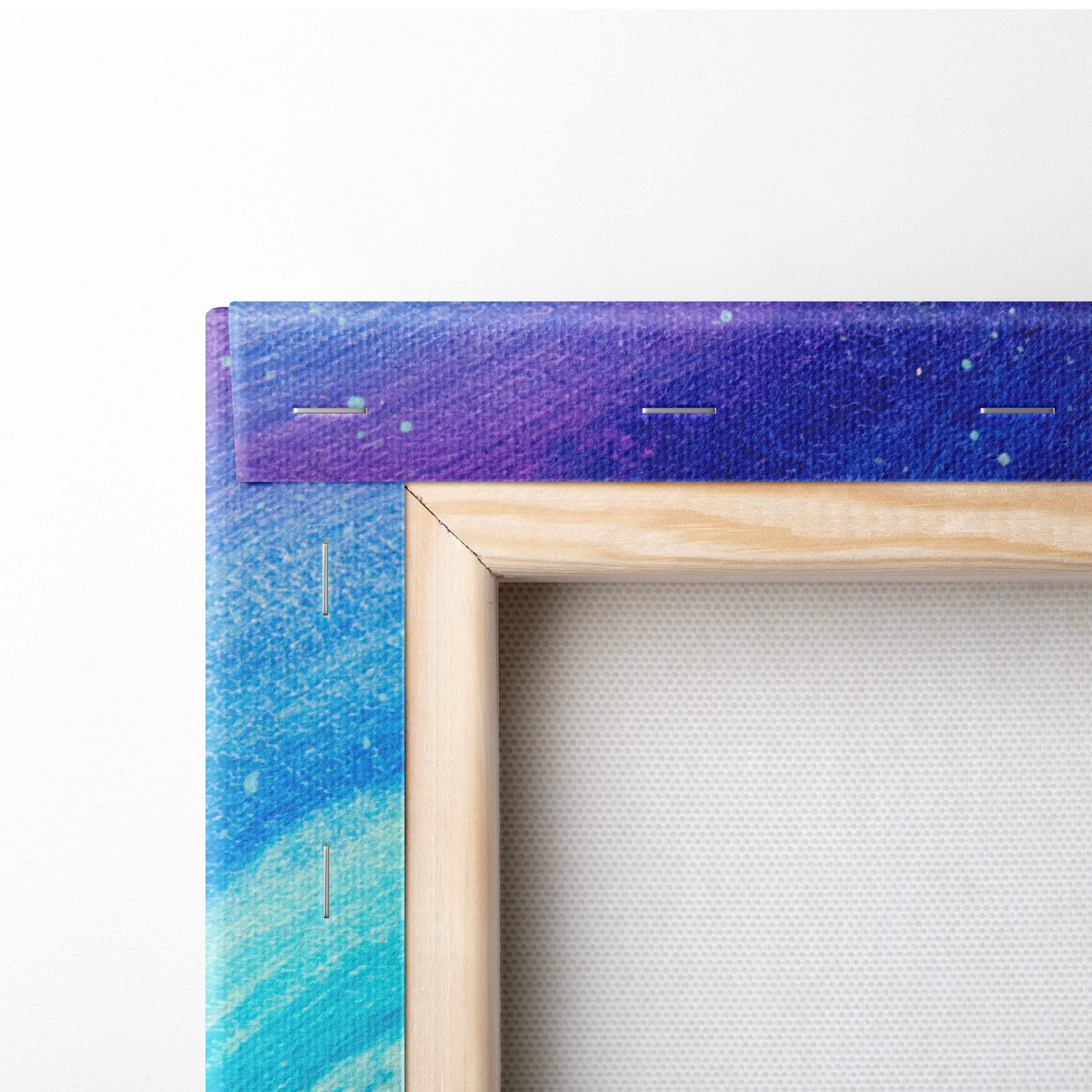A wooden-framed canvas print featuring a cozy winter cabin night scene with glowing cottage and starry blue purple sky