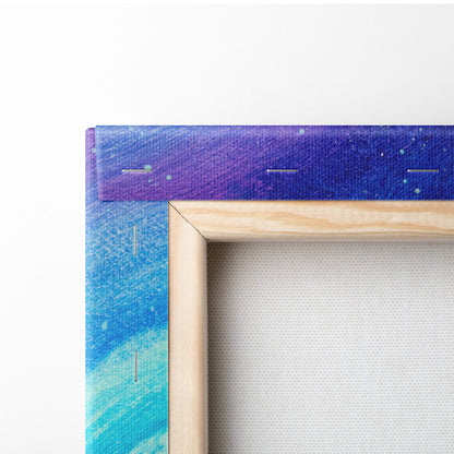 A wooden-framed canvas print featuring a cozy winter cabin night scene with glowing cottage and starry blue purple sky