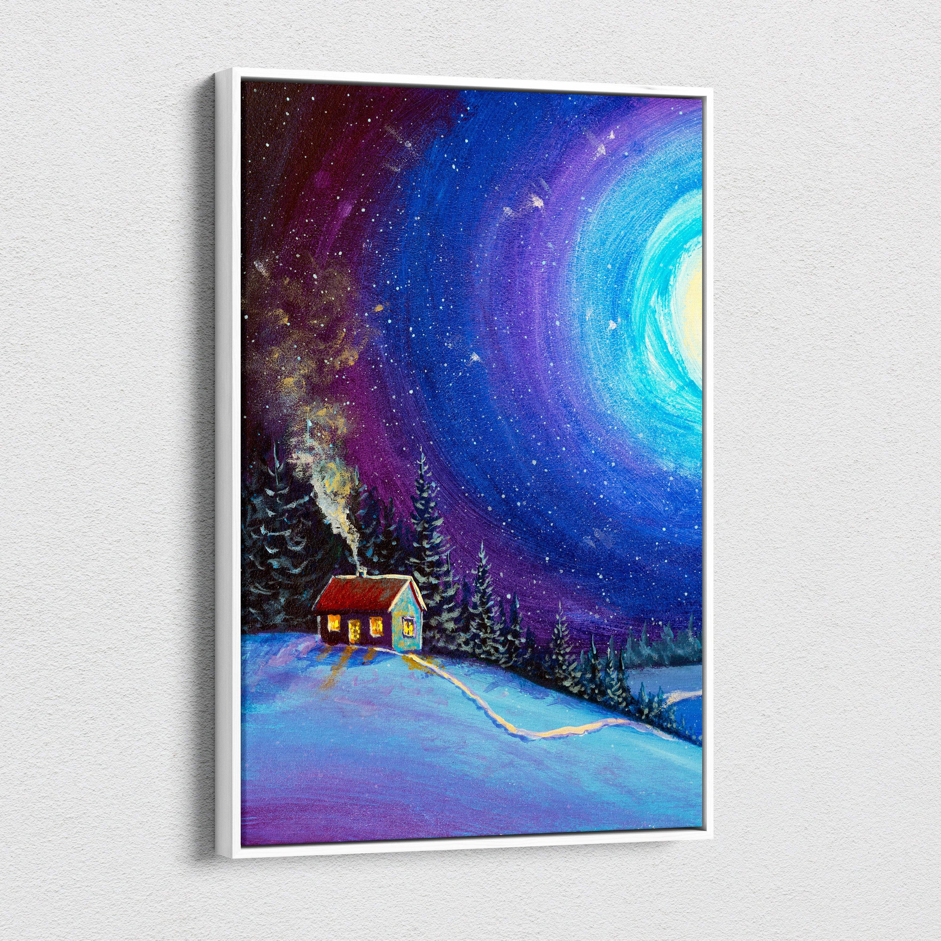 A framed painting of a cozy red-roofed cabin in snowy pines under a swirling star-filled galaxy sky on canvas print