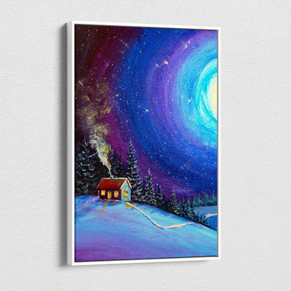A framed painting of a cozy red-roofed cabin in snowy pines under a swirling star-filled galaxy sky on canvas print