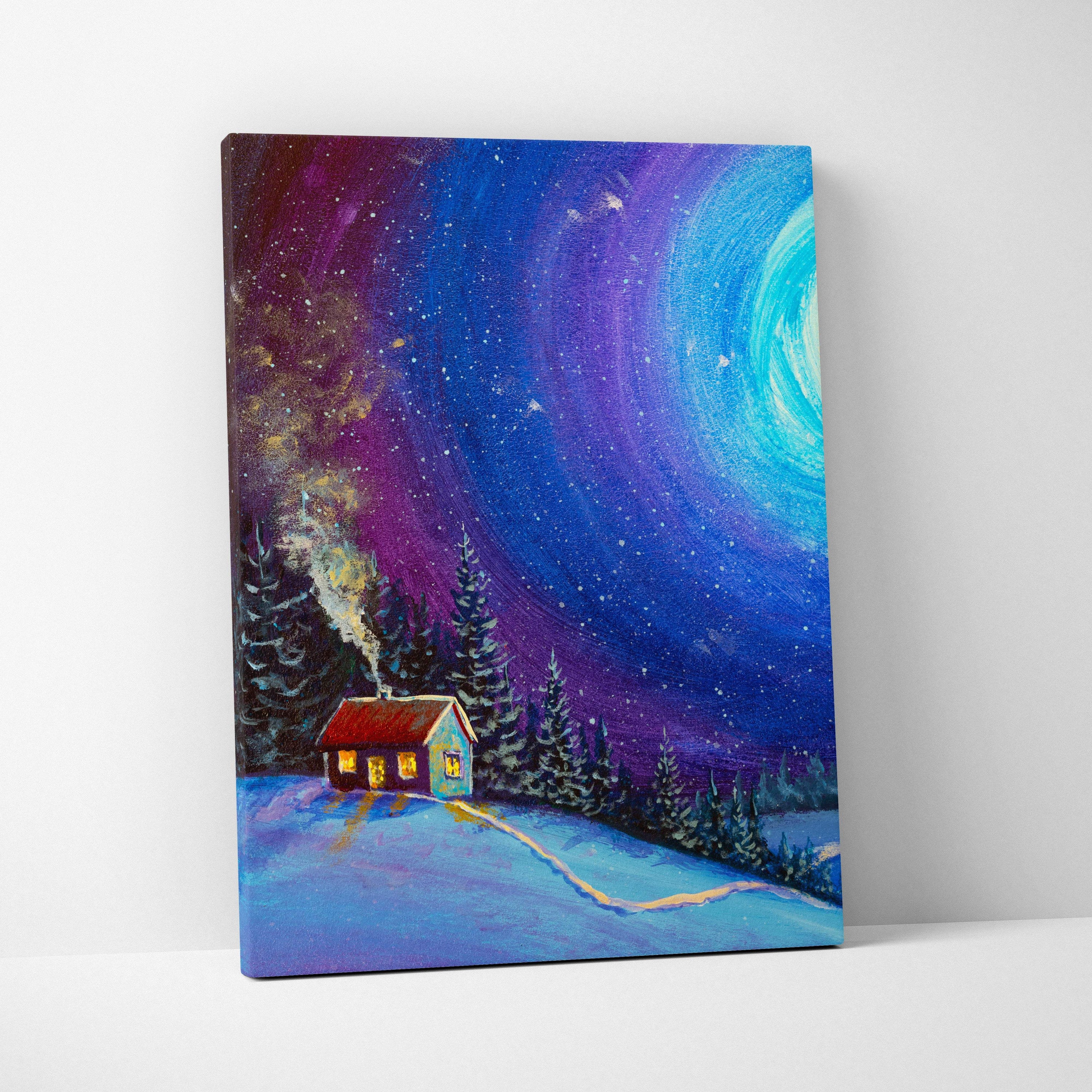 Vibrant canvas painting of a cozy red-roofed cabin in snowy pines under a glowing blue and purple starry night sky