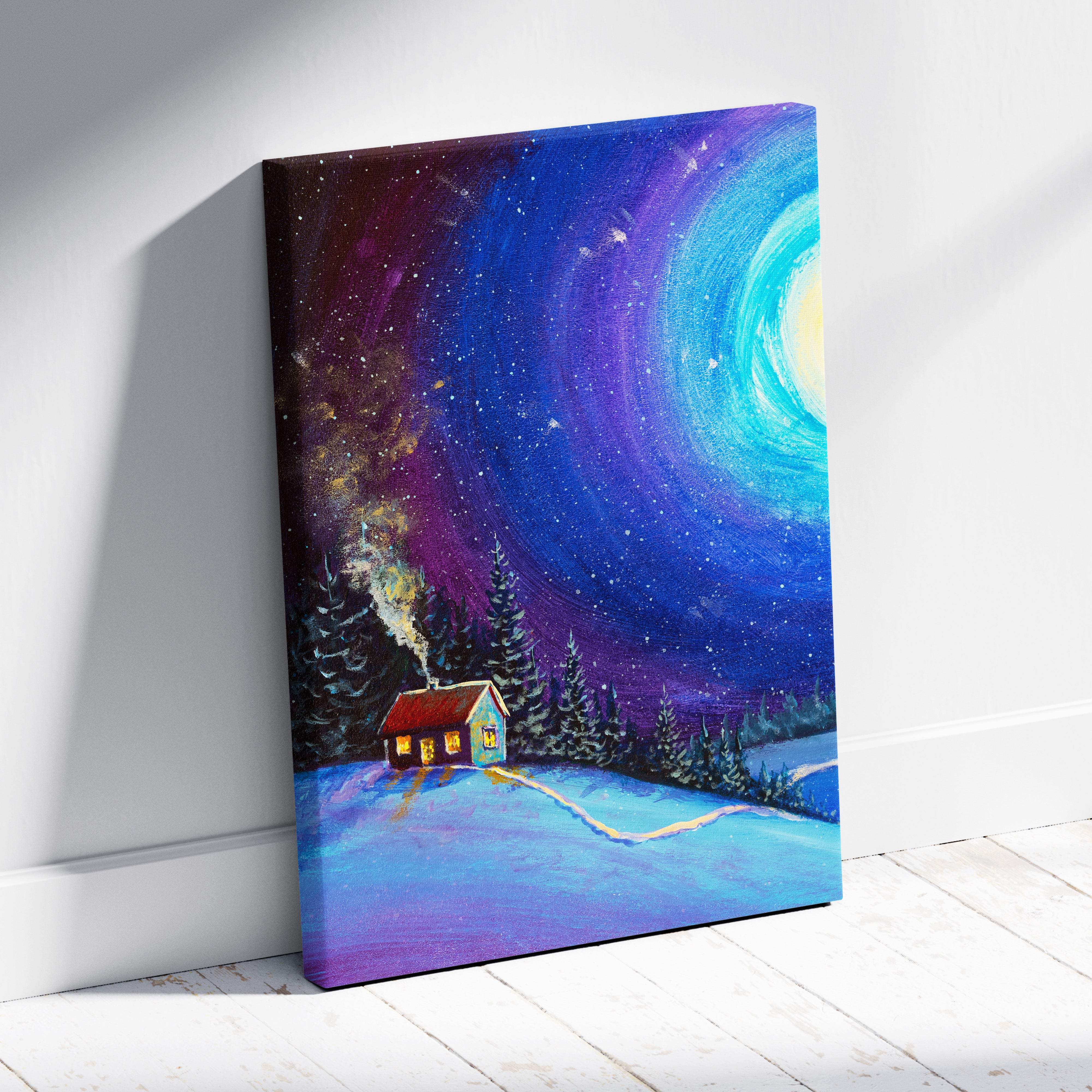 Cozy winter cabin night painting canvas print of a glowing red-roofed house in snowy pines under a cosmic blue and purple sky