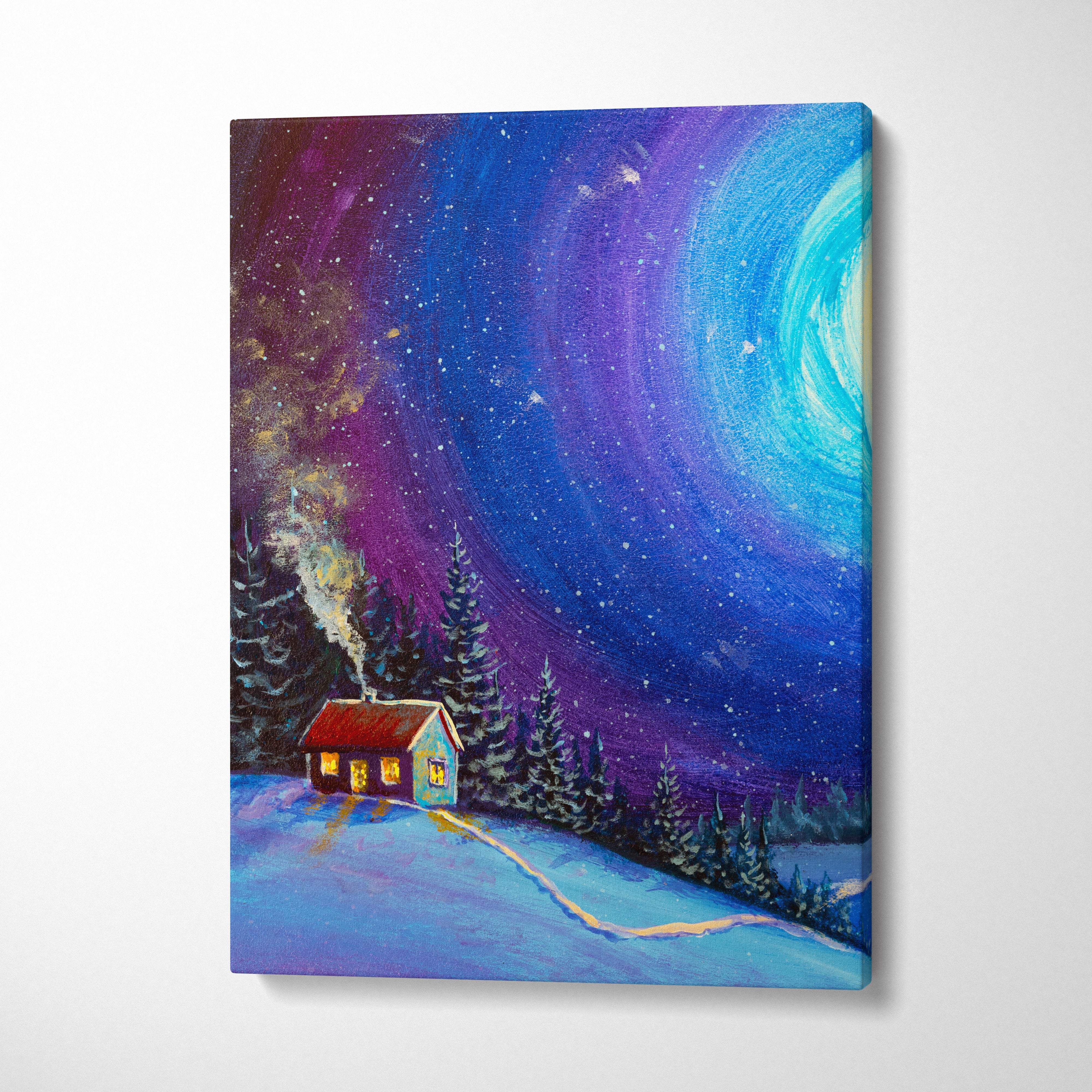 Cozy winter cabin night painting style wall art showing a glowing red-roofed cottage in a snowy forest under a cosmic sky