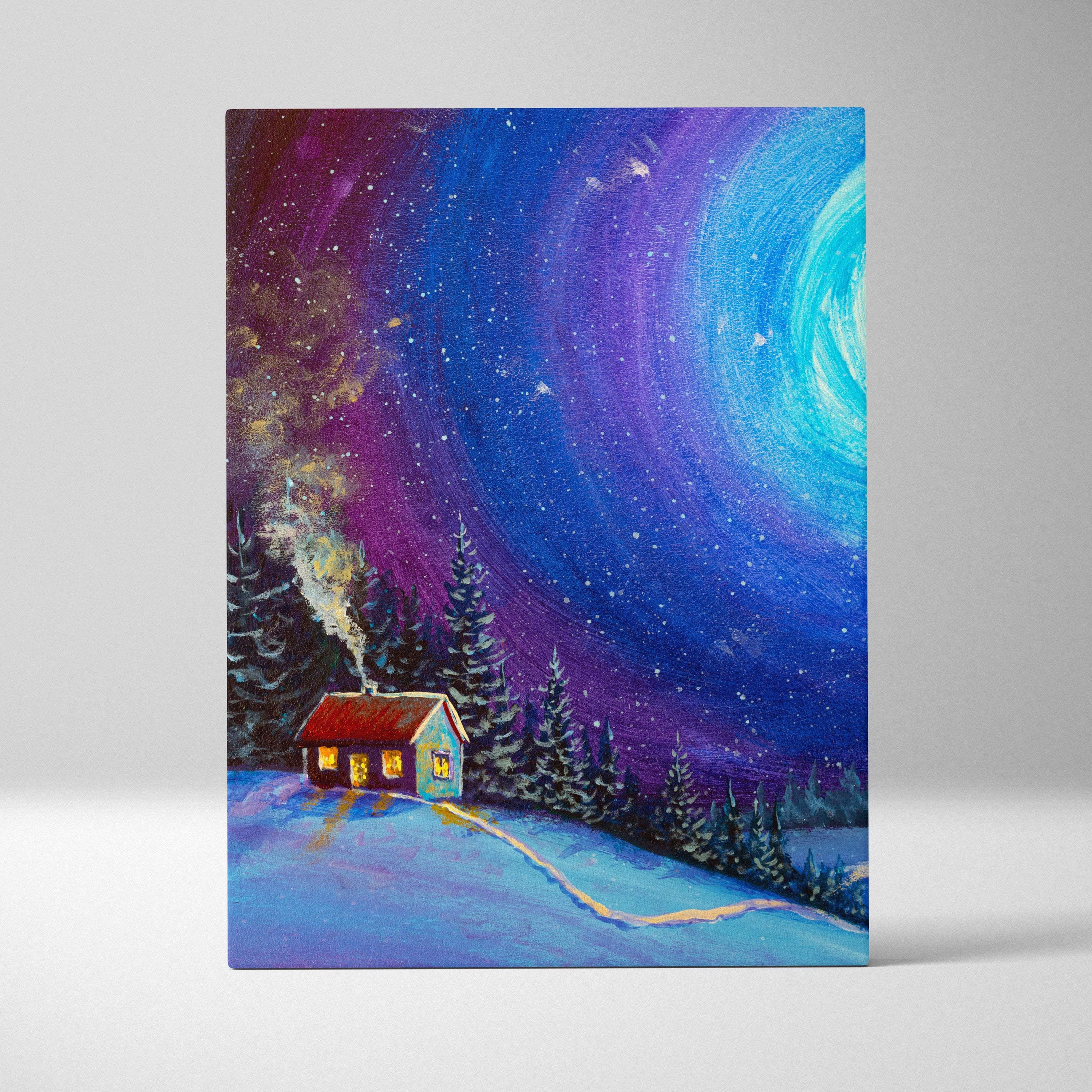 A vibrant canvas print of a cozy cabin with yellow lights under a swirling blue purple cosmic night sky
