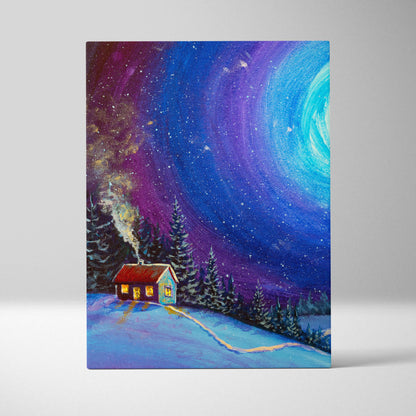 A vibrant canvas print of a cozy cabin with yellow lights under a swirling blue purple cosmic night sky