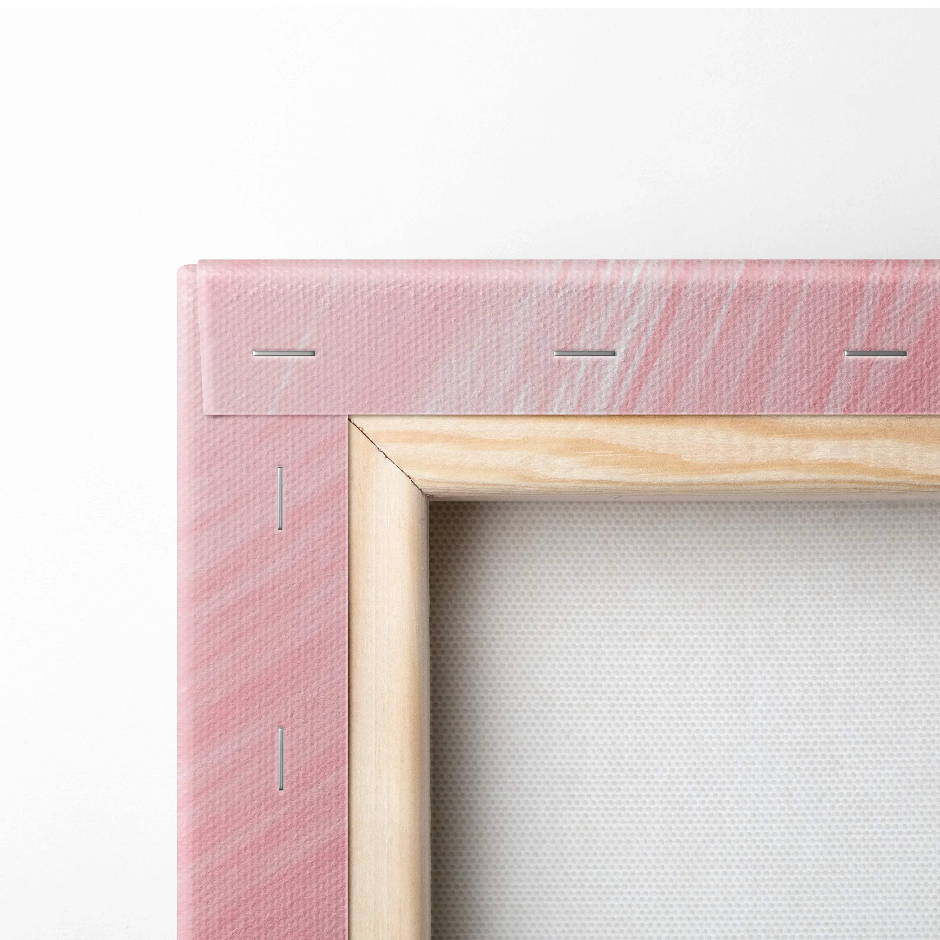 Pink canvas on light wood frame, soft feather texture in blush tones