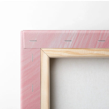 Pink canvas on light wood frame, soft feather texture in blush tones