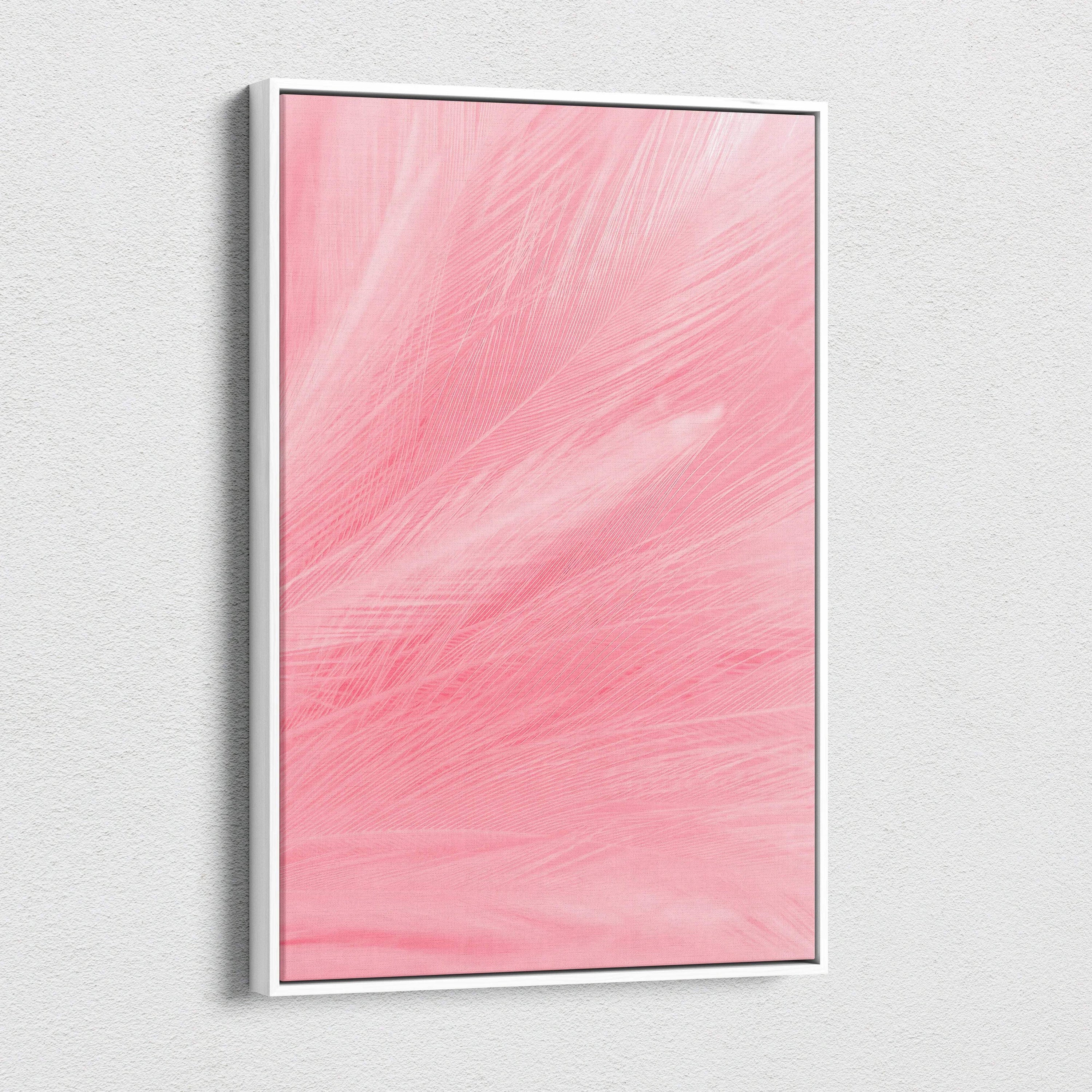 Framed soft pink feather texture macro canvas wall art in blush tones