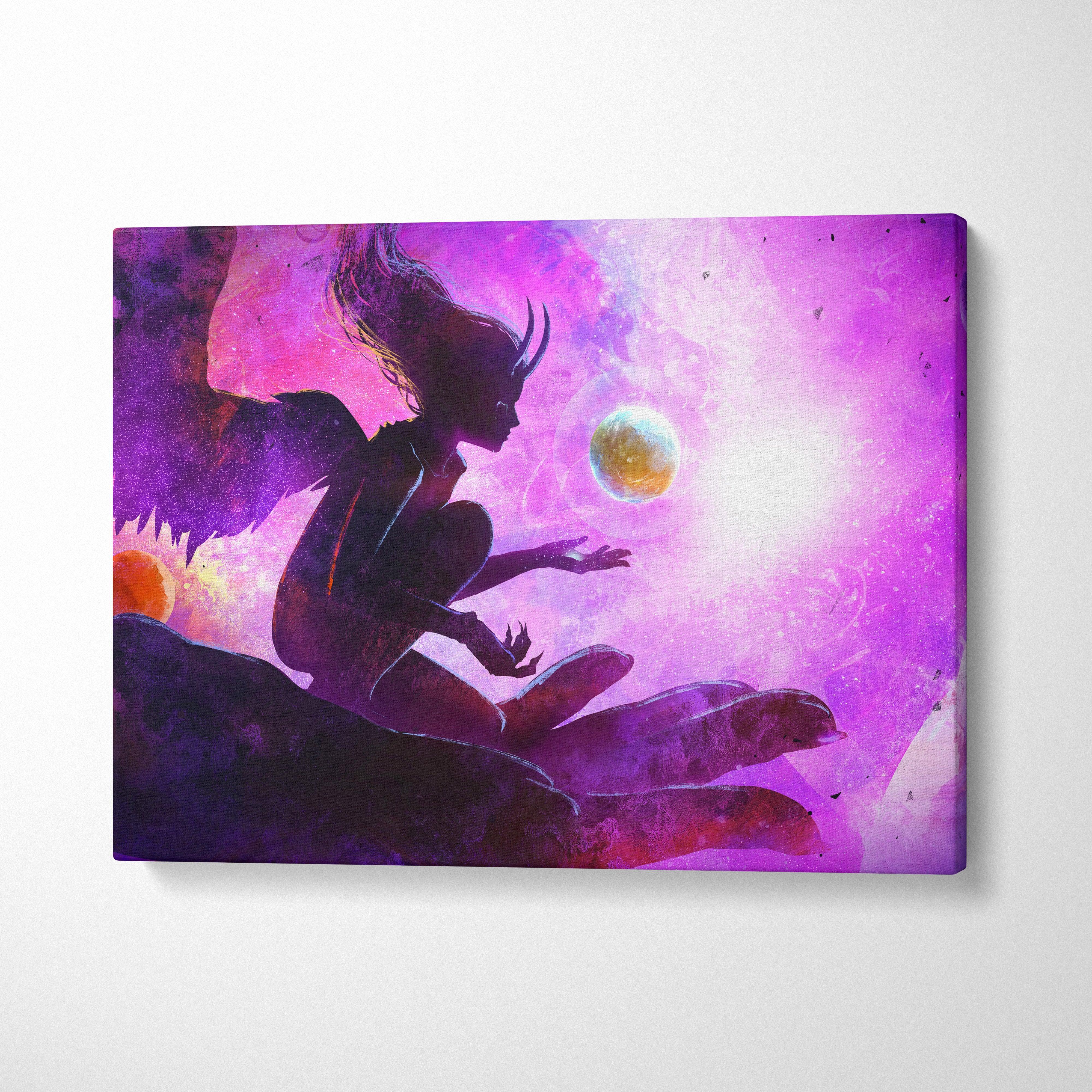 Cosmic angel canvas art with vibrant purple and pink galaxy theme featuring an angel silhouette and glowing celestial orbs