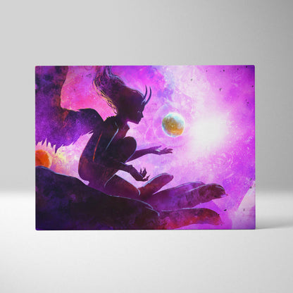 Cosmic angel canvas art with vibrant purple and pink galaxy featuring a winged horned figure reaching a glowing sphere
