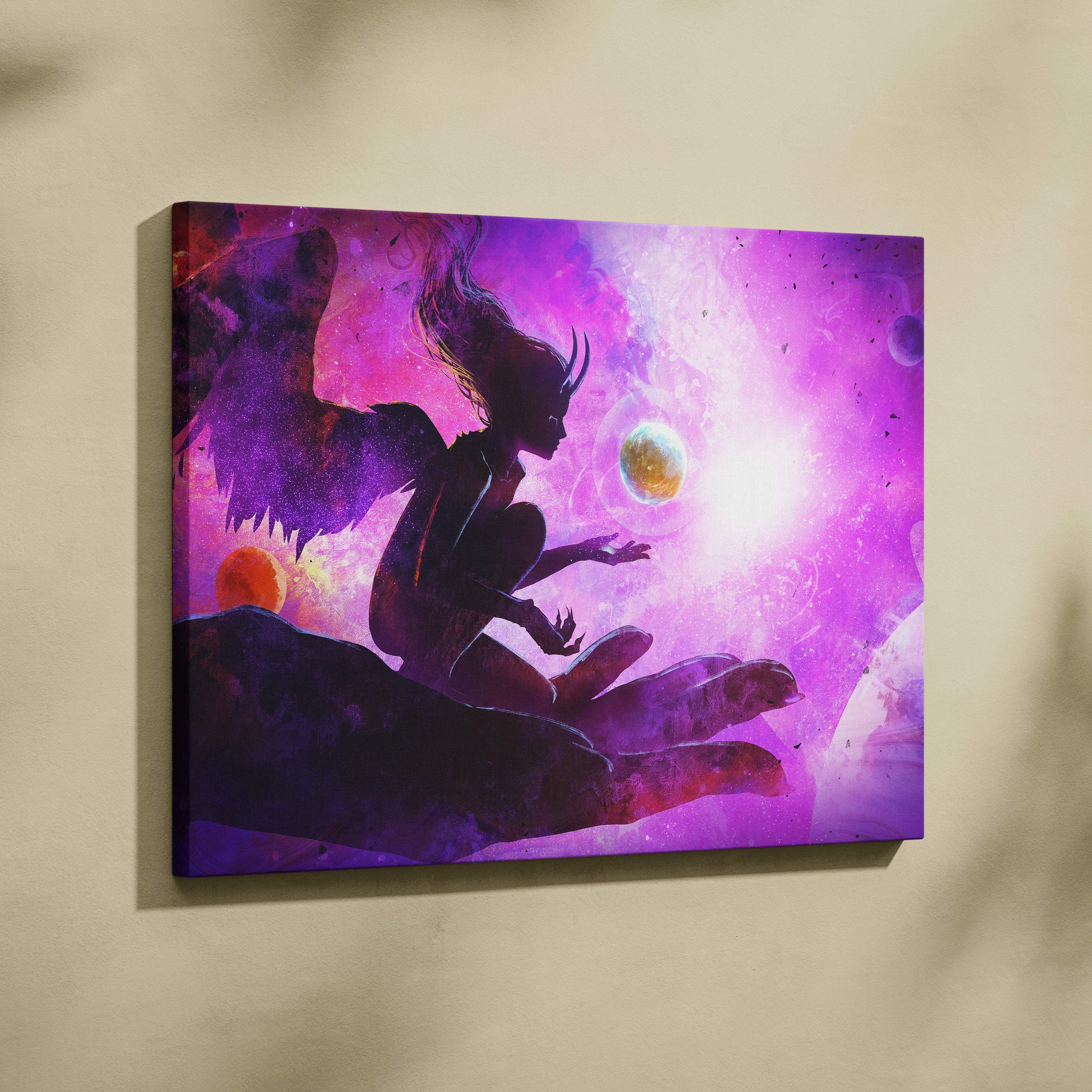 Cosmic angel canvas art with vibrant purple and pink galaxy featuring winged silhouette on a starry nebula background