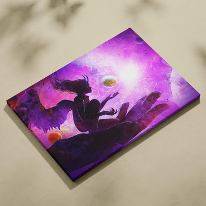 Purple and pink cosmic angel canvas art featuring a silhouette with wings in a vibrant galaxy space scene print