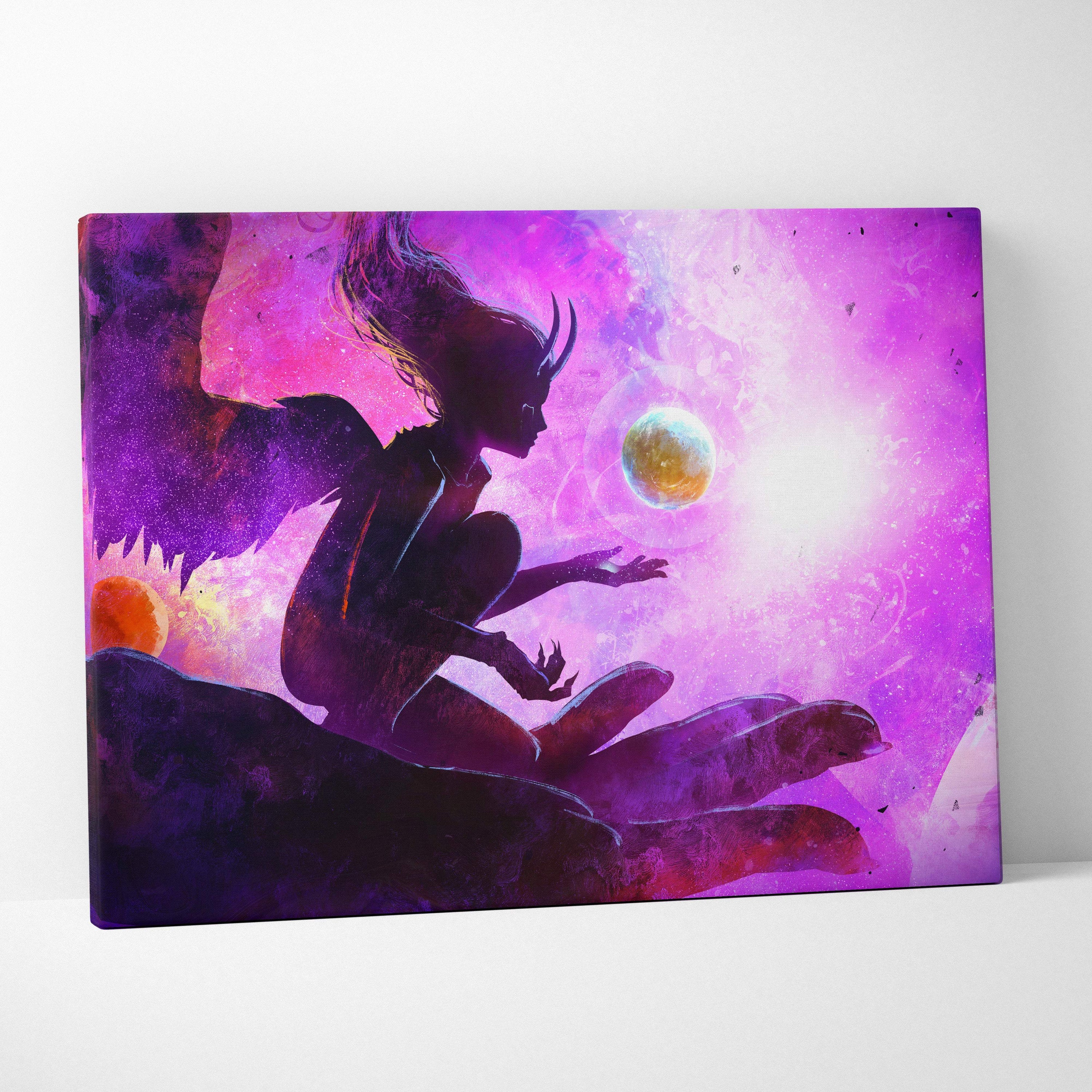 Cosmic angel canvas art featuring a vibrant purple and pink galaxy goddess with wings reaching toward glowing orbs