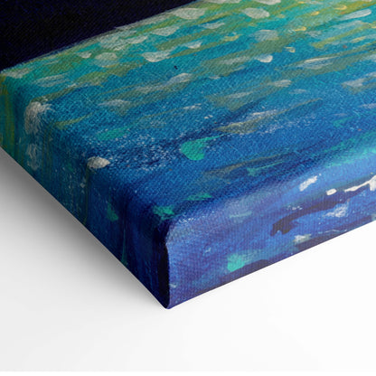 Textured canvas painting of a vibrant abstract ocean scene in teal and deep blue with white brushstrokes and glowing golden moon
