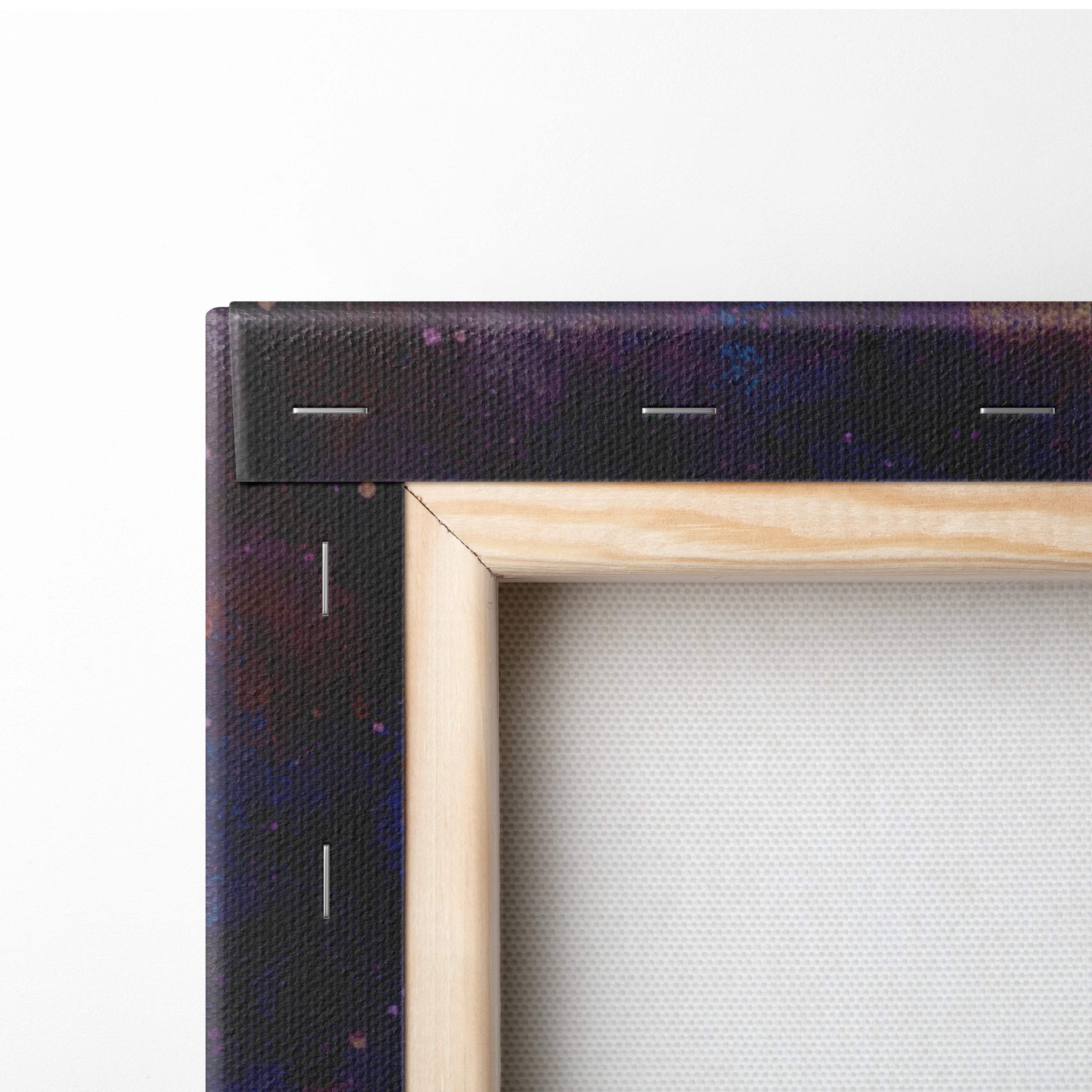 Light wooden frame wall art with dark cosmic canvas featuring purple and blue speckles for moonlit ocean dreamscape