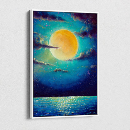 A framed canvas print of a vibrant yellow moon glowing over a deep blue ocean under a starry sky with swirling clouds