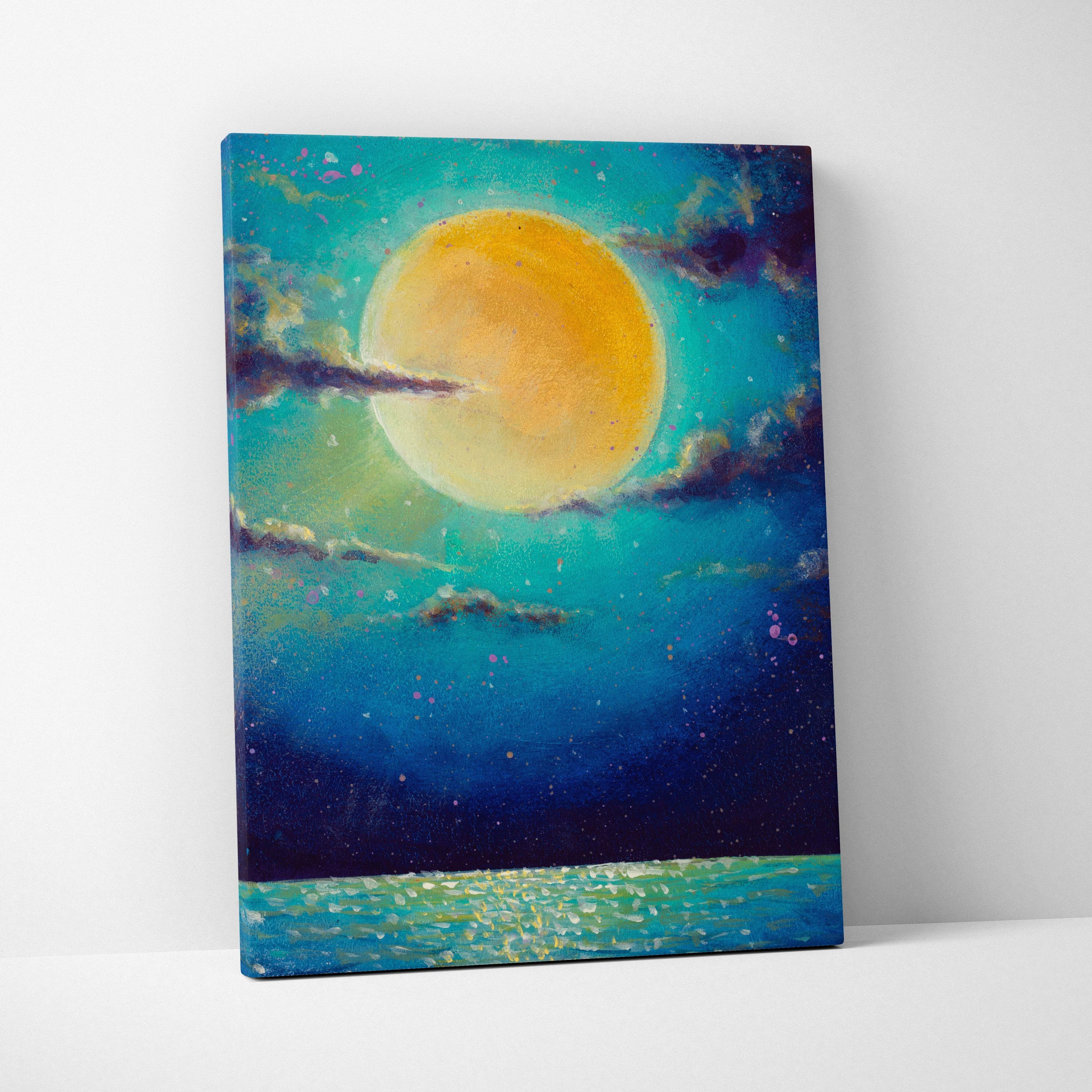A vibrant canvas print featuring a glowing golden moon over a teal and deep blue ocean under a starry night sky