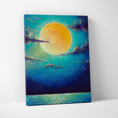 A vibrant canvas print featuring a glowing golden moon over a teal and deep blue ocean under a starry night sky