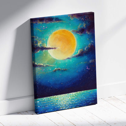 Vibrant canvas print of glowing golden moon over teal and deep blue sky reflecting on turquoise water