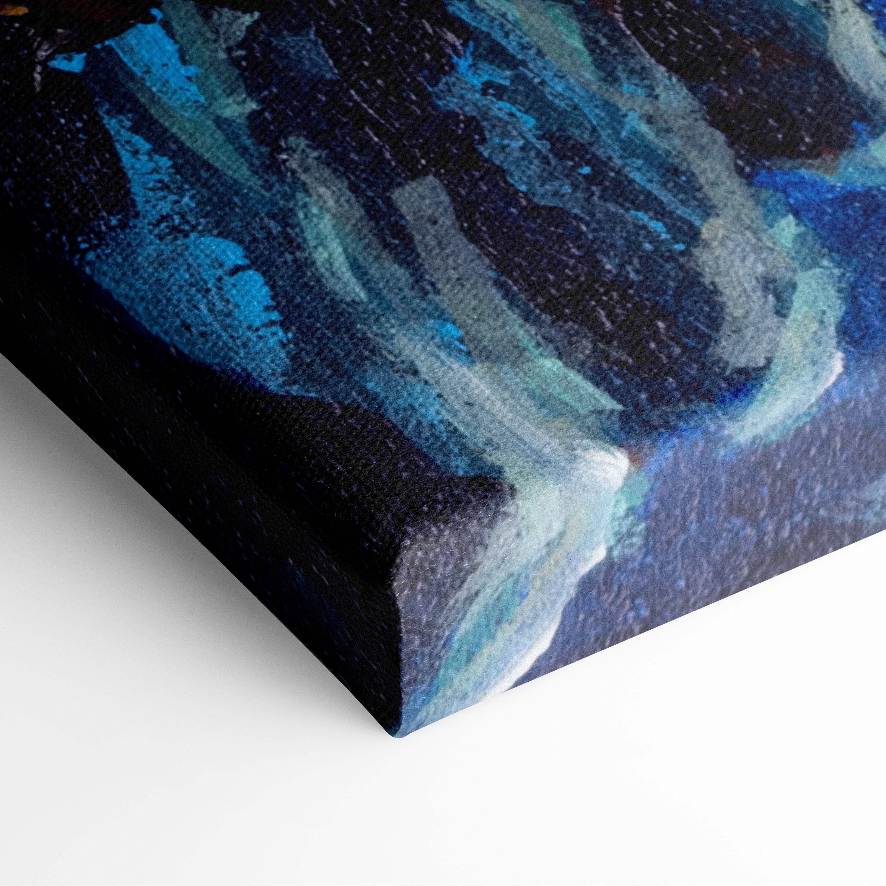 Blue and white textured abstract canvas painting on stretched fabric for whimsical bedroom or coastal living room decor