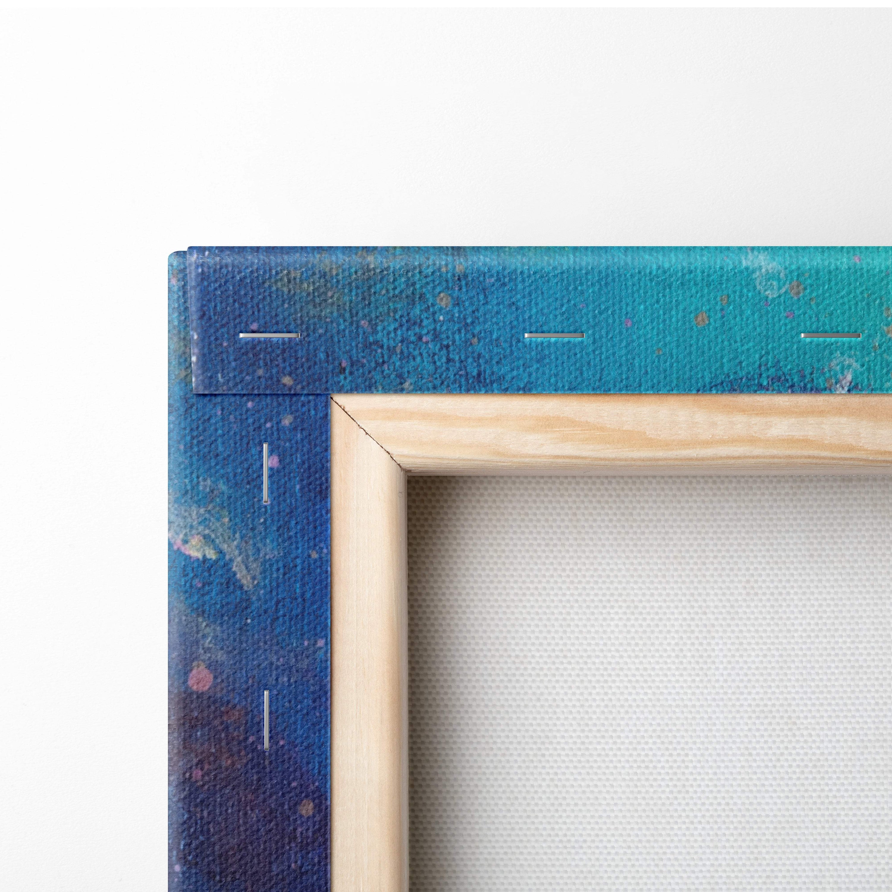 Moonlit ocean fantasy canvas wall art print featuring blue speckled texture and stitched edges in light wood frame