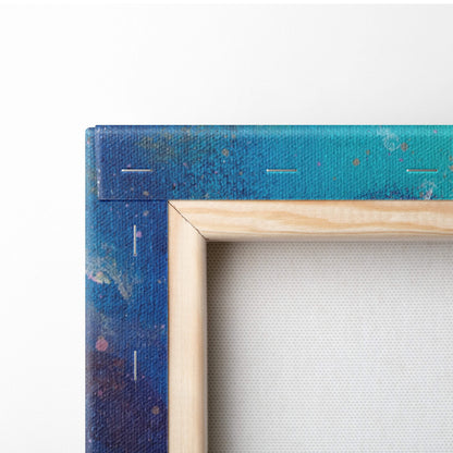 Moonlit ocean fantasy canvas wall art print featuring blue speckled texture and stitched edges in light wood frame