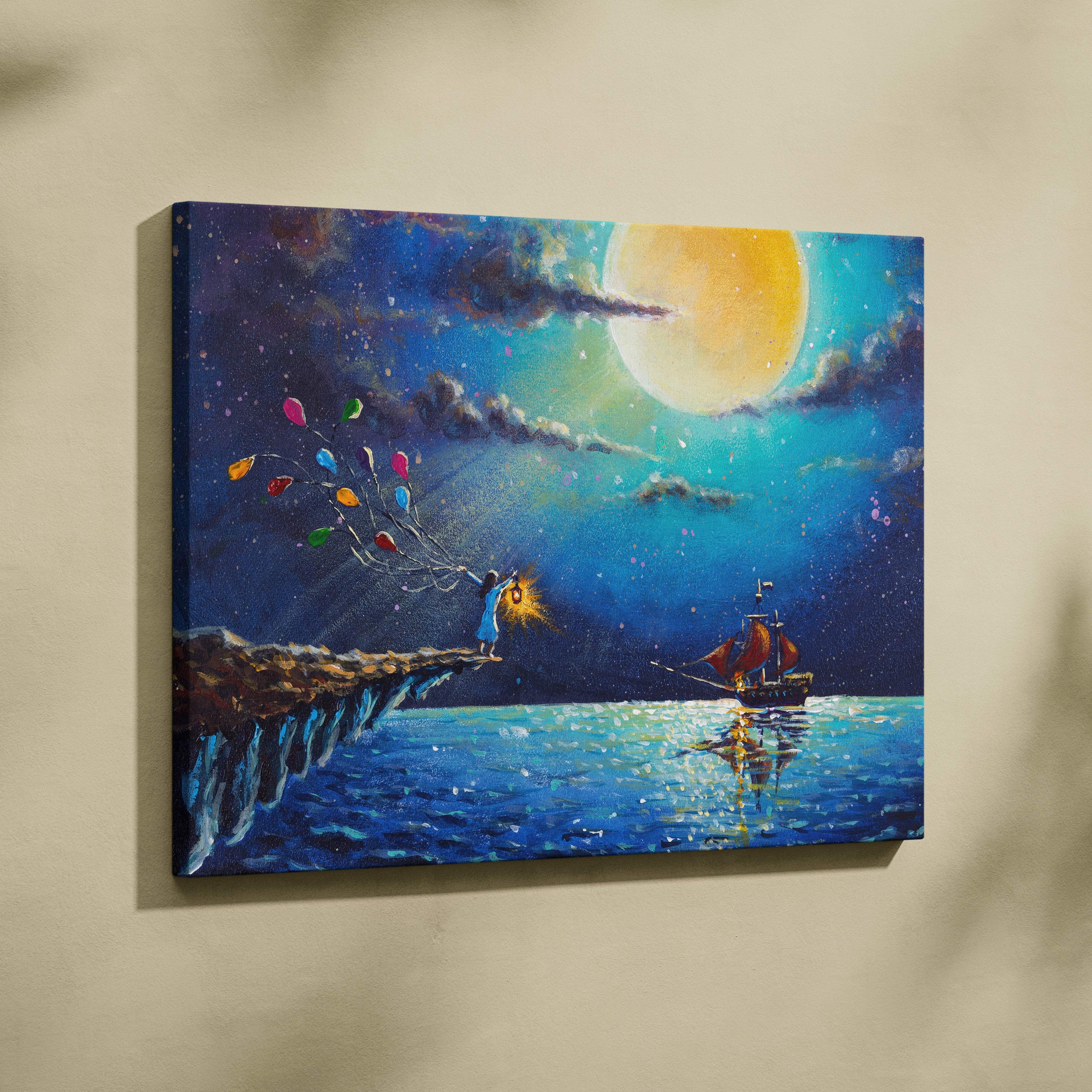 Moonlit ocean fantasy canvas wall art print featuring a whimsical girl with colorful balloons under a yellow moon
