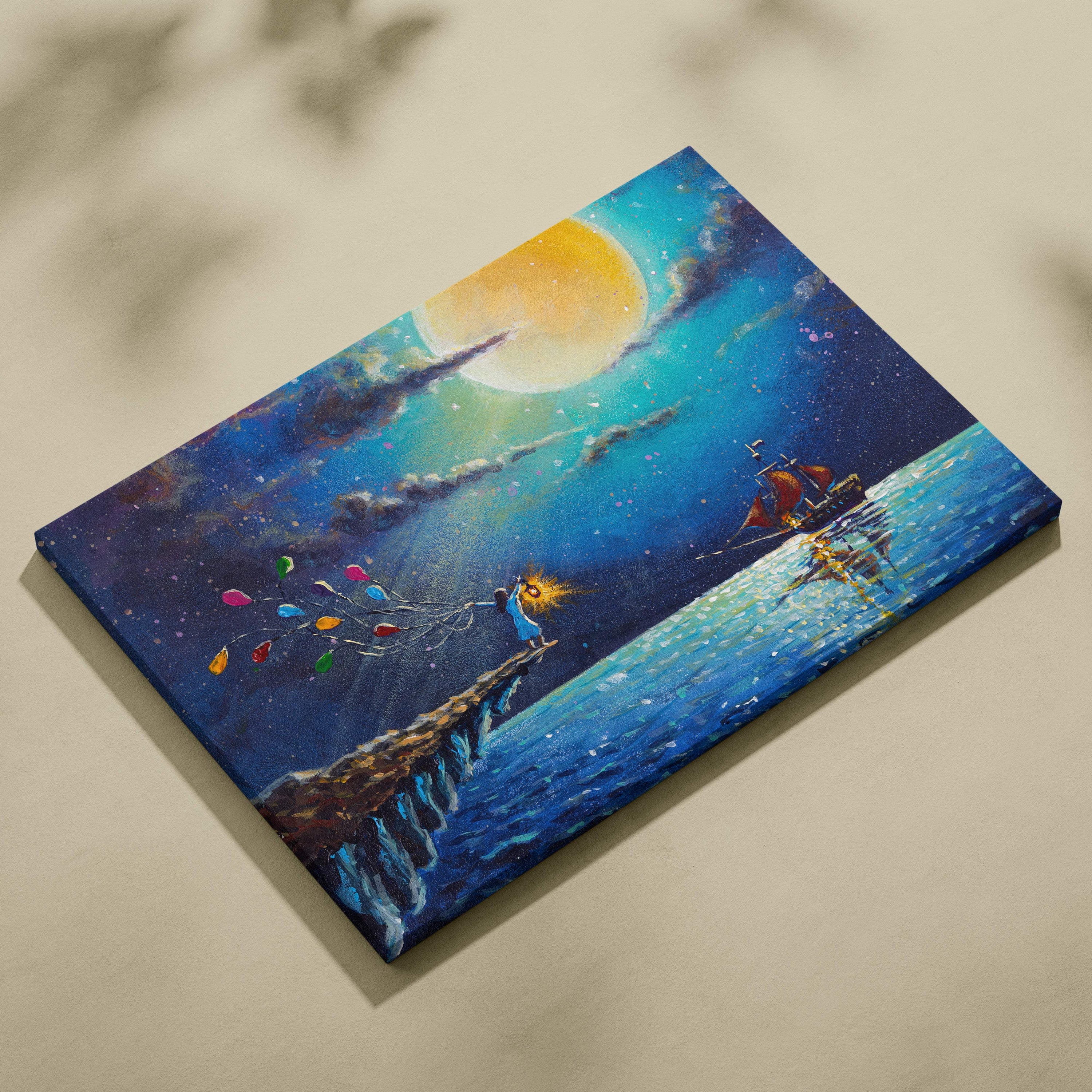 A vibrant canvas wall art print of a dreamy night scene with a yellow moon balloons and a ship for whimsical decor