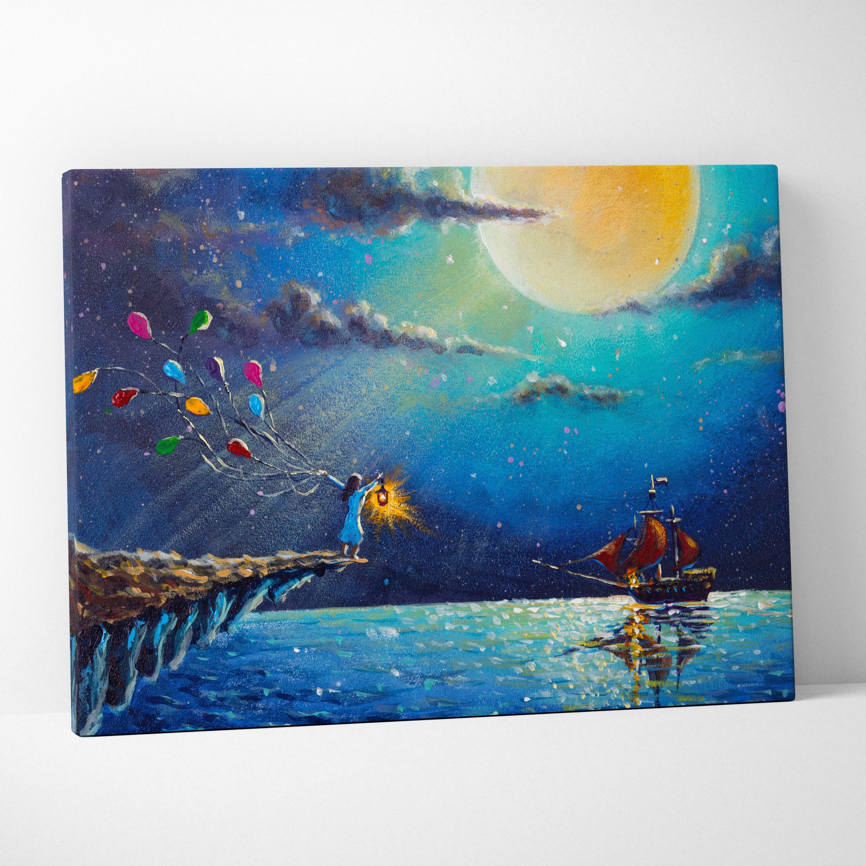 Moonlit ocean fantasy canvas wall art print showing a whimsical night scene with colorful balloons and a yellow moon