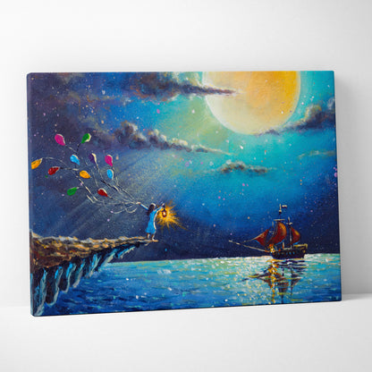 Moonlit ocean fantasy canvas wall art print showing a whimsical night scene with colorful balloons and a yellow moon