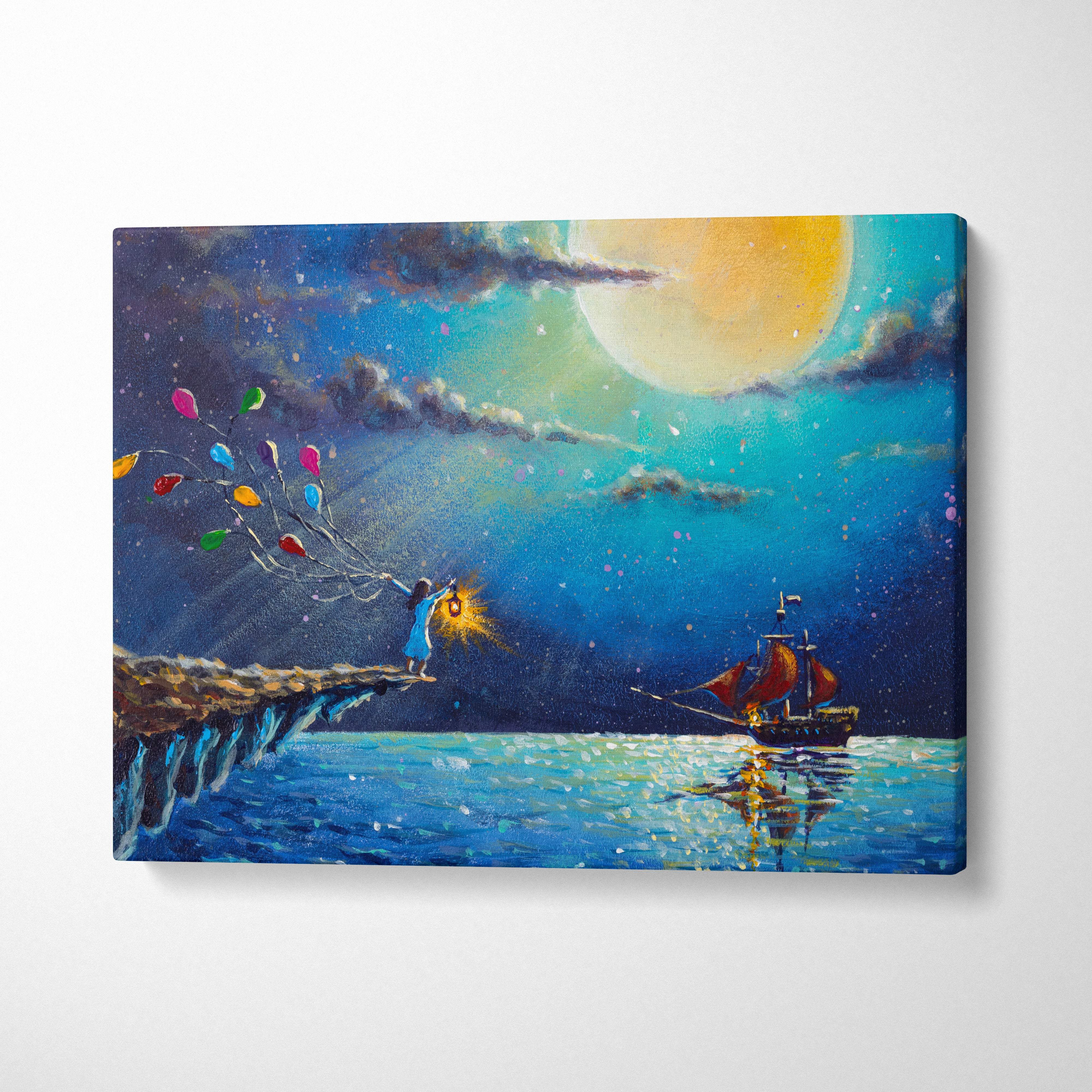 Moonlit ocean fantasy canvas wall art print featuring a colorful balloon girl holding a glowing lantern by the ocean cliff