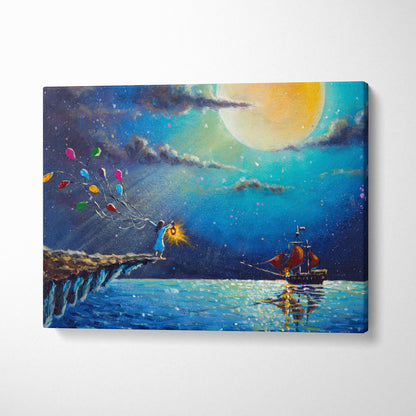 Moonlit ocean fantasy canvas wall art print featuring a colorful balloon girl holding a glowing lantern by the ocean cliff