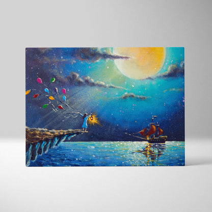 Moonlit ocean fantasy canvas wall art print showing a child with colorful balloons on a cliff by a large yellow moon