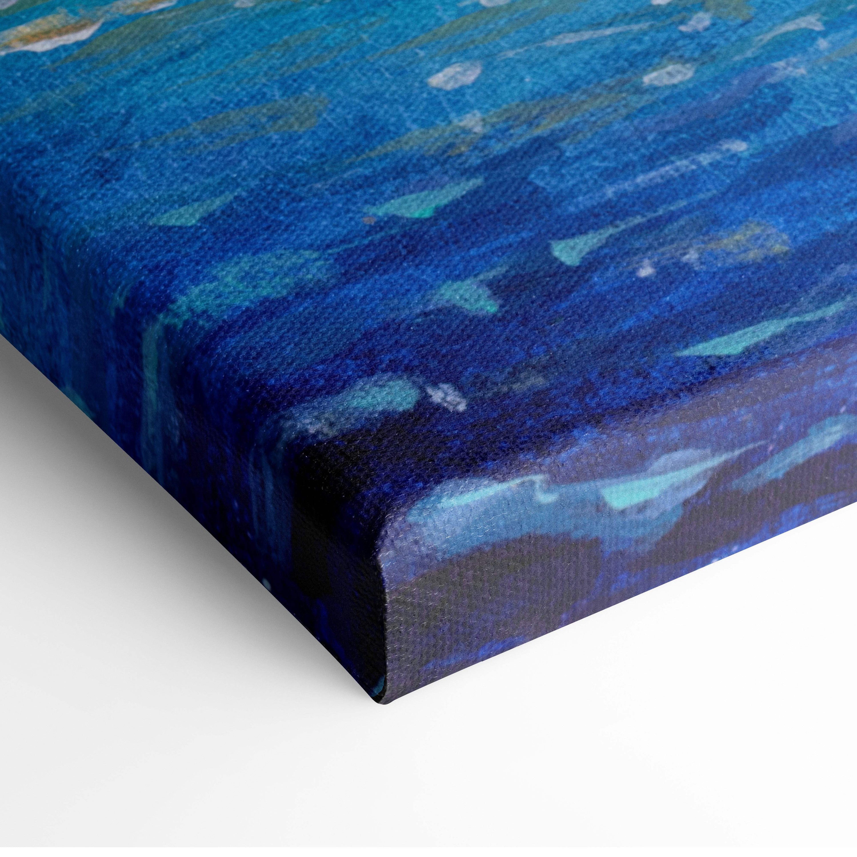 Moonlit sailing ship painting style wall art with blue abstract ocean scene on stretched canvas print