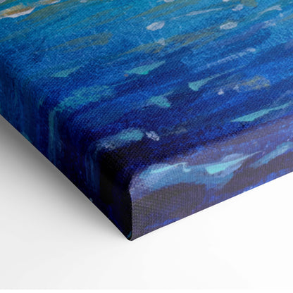 Moonlit sailing ship painting style wall art with blue abstract ocean scene on stretched canvas print