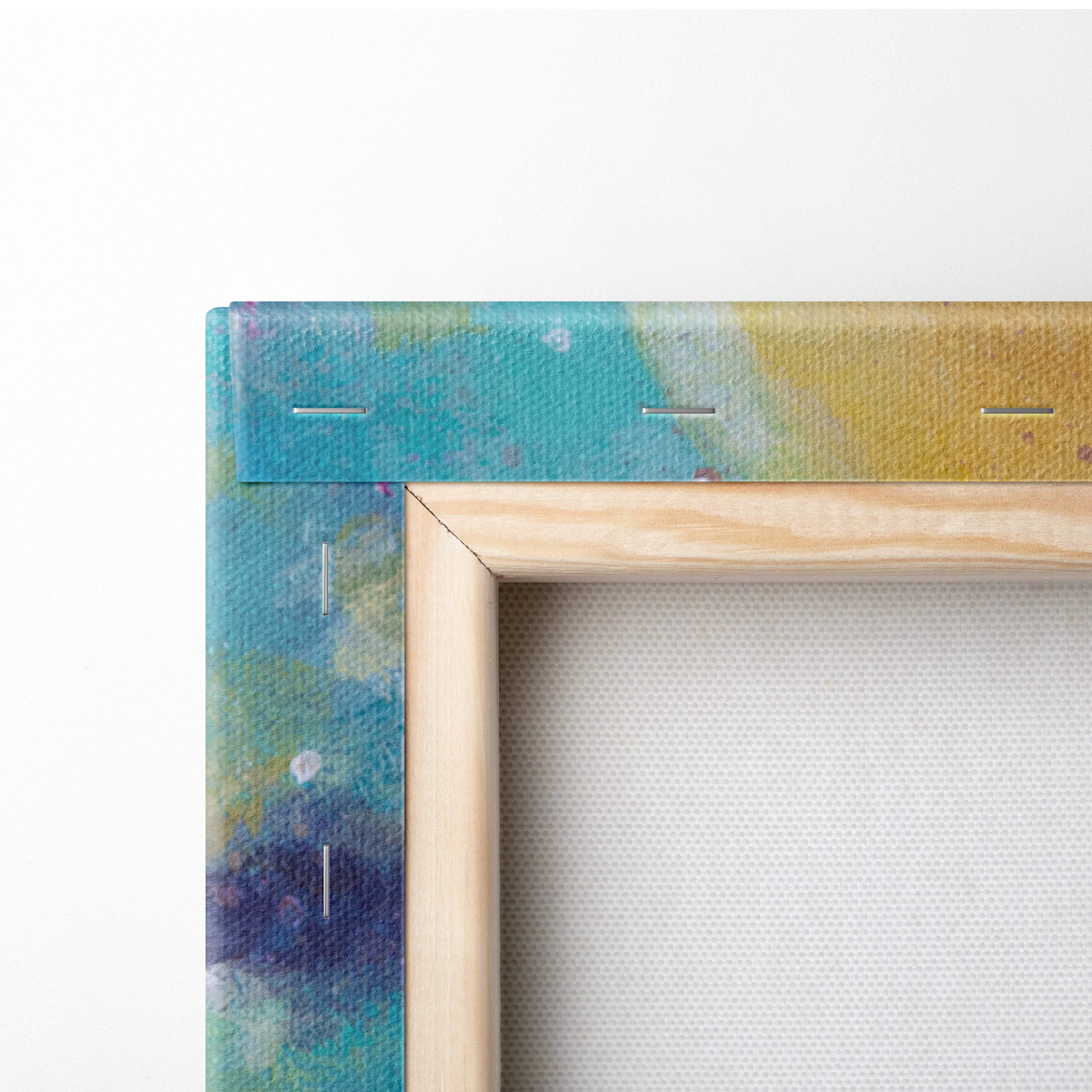 Wooden canvas frame with vibrant teal yellow and purple abstract watercolor edge for moonlit sailing ship wall art