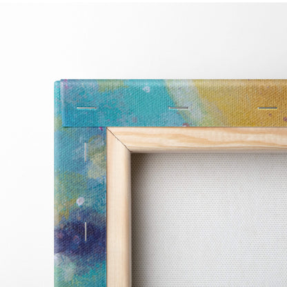 Wooden canvas frame with vibrant teal yellow and purple abstract watercolor edge for moonlit sailing ship wall art