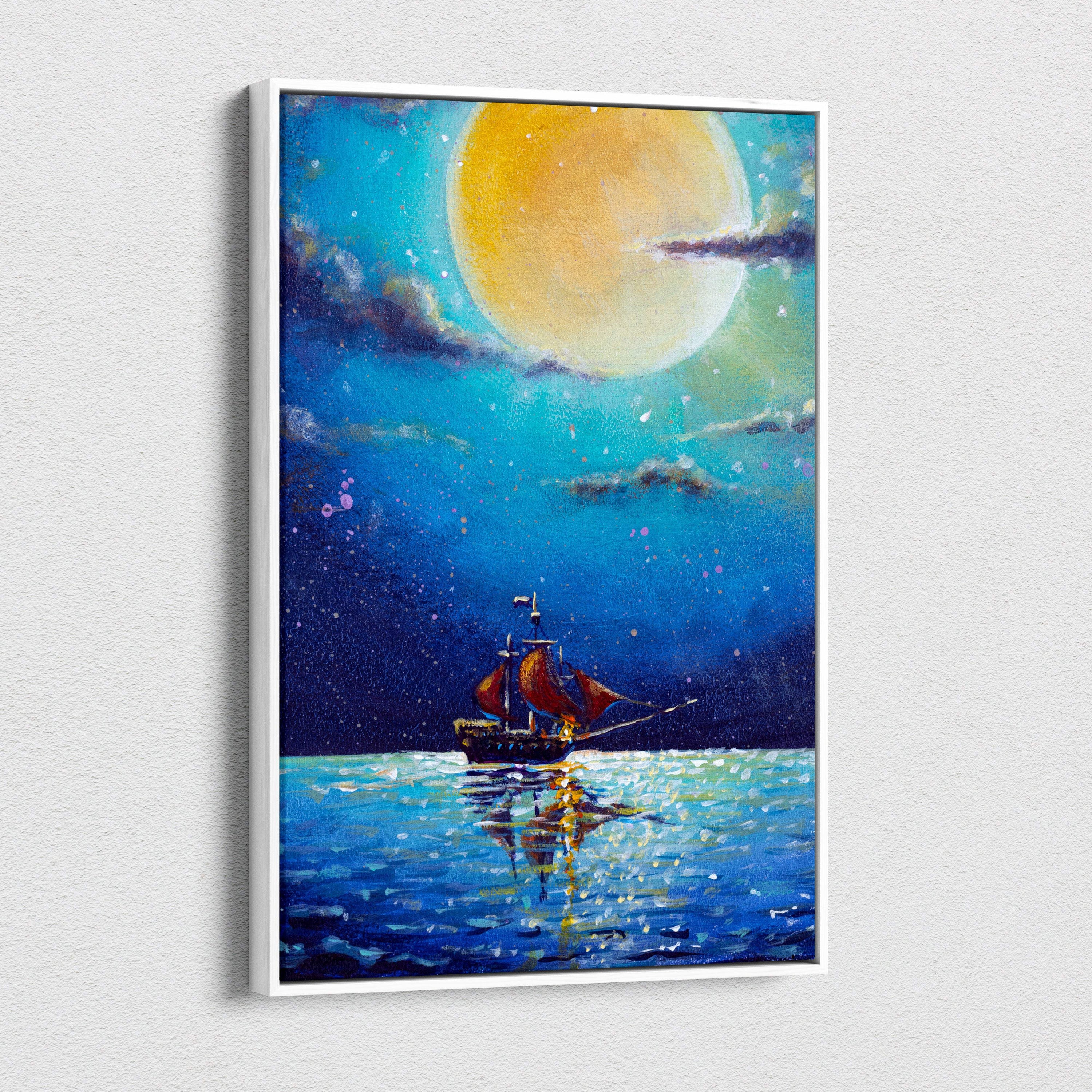 A framed canvas print of a sailboat with red sails under a glowing yellow moon in a starry night sky