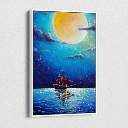 A framed canvas print of a sailboat with red sails under a glowing yellow moon in a starry night sky