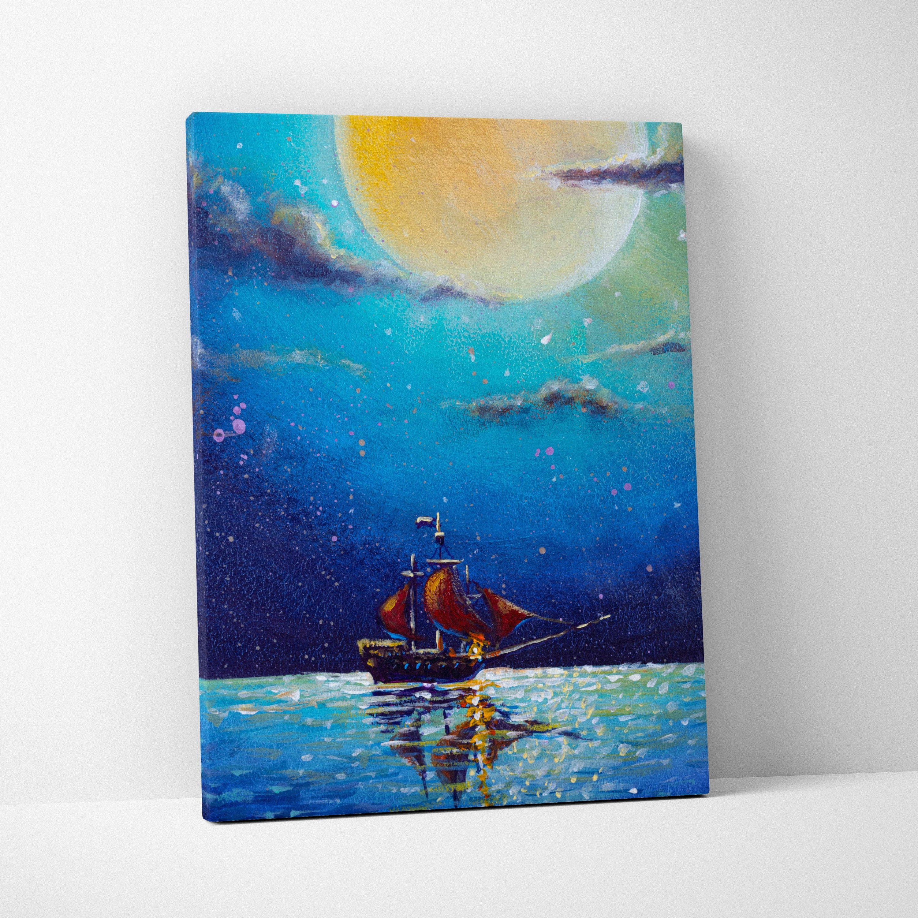 A vibrant canvas painting of a sailboat with red sails under a yellow moon on a starry night seascape wall art