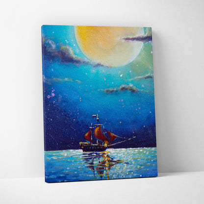 A vibrant canvas painting of a sailboat with red sails under a yellow moon on a starry night seascape wall art