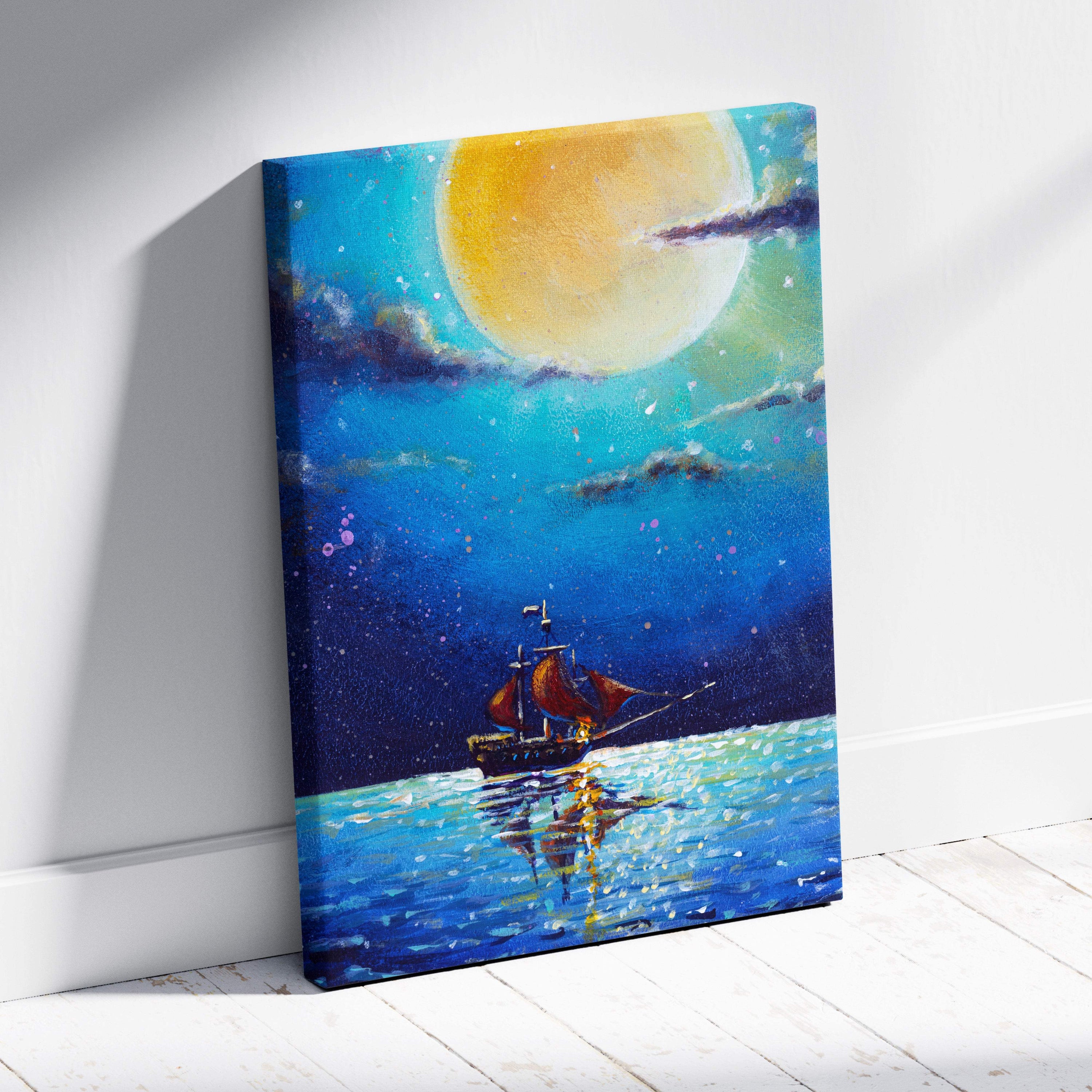 A vibrant canvas print of a sailboat with red sails under a glowing yellow moon in a starry night sky ocean landscape