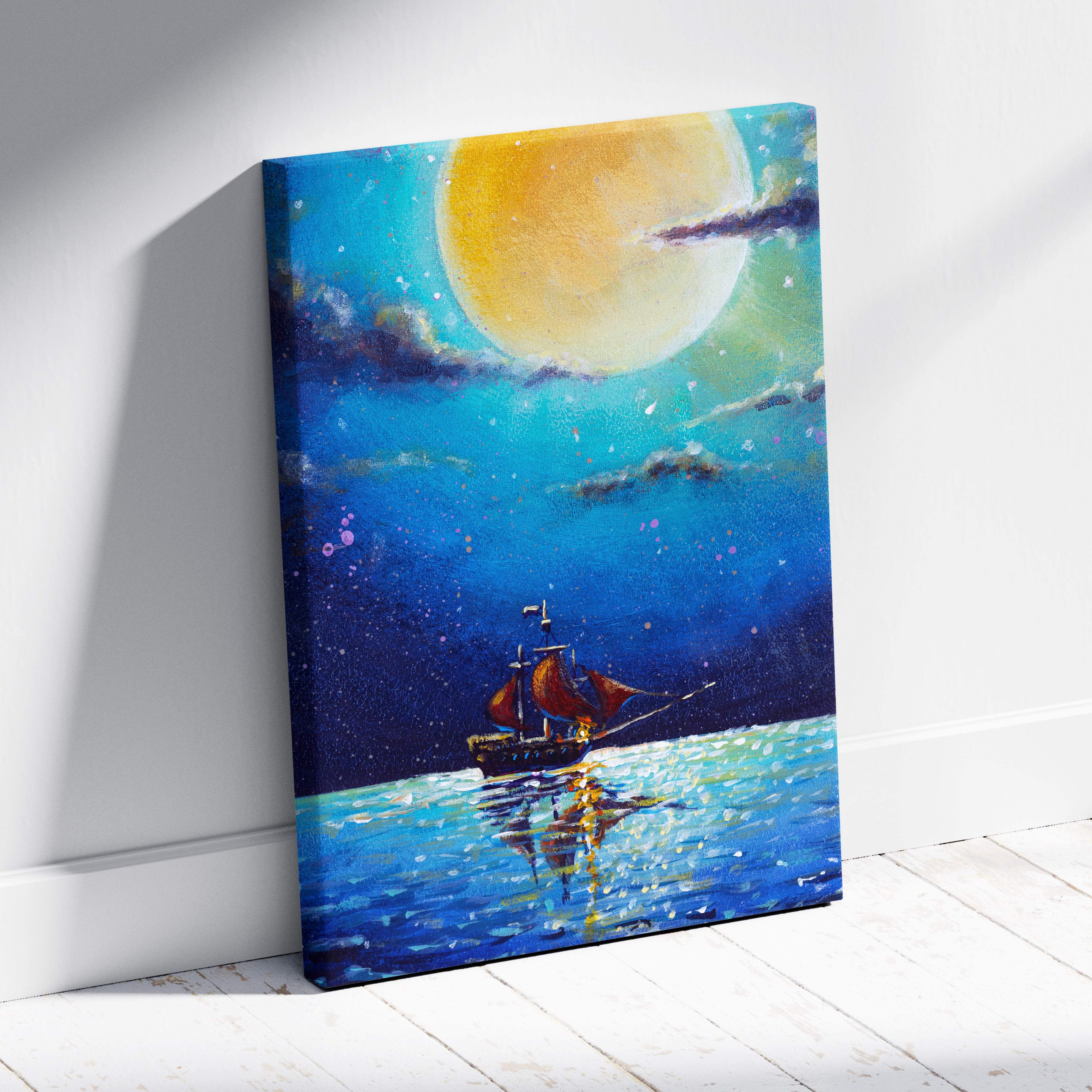 A vibrant canvas print of a sailboat with red sails under a glowing yellow moon in a starry night sky ocean landscape
