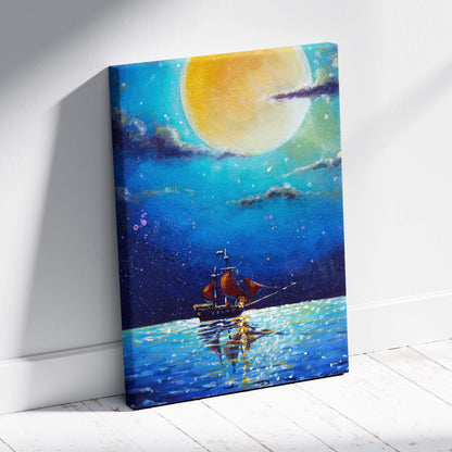 A vibrant canvas print of a sailboat with red sails under a glowing yellow moon in a starry night sky ocean landscape