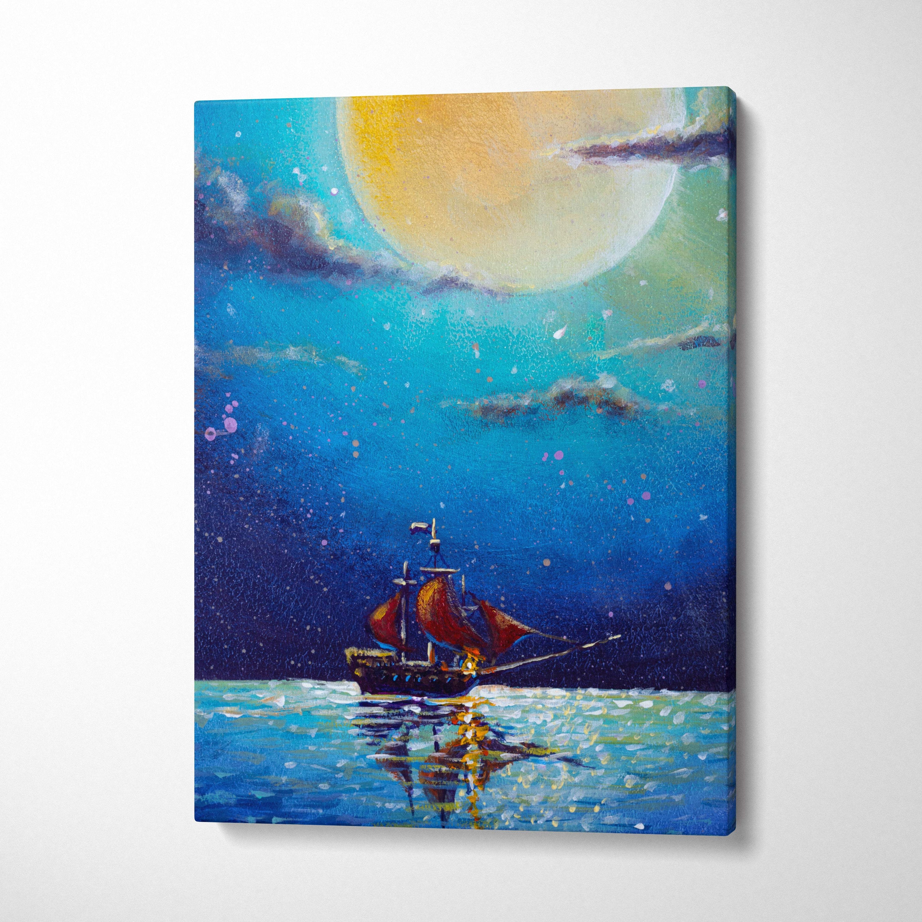 A vibrant canvas painting of a sailboat with red sails under a yellow moon in a starry night sky ocean landscape